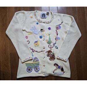 VTG Storybook Knits Rock-a-Bye Baby Embroidered Cardigan Womens XS Cream